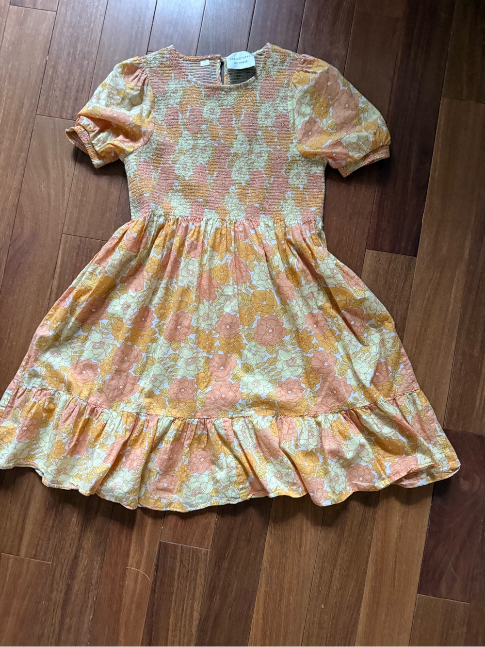 Les Coyotes de Paris NWT Yellow Peach Floral Smocked Cotton Dress Sz 18 Poppy